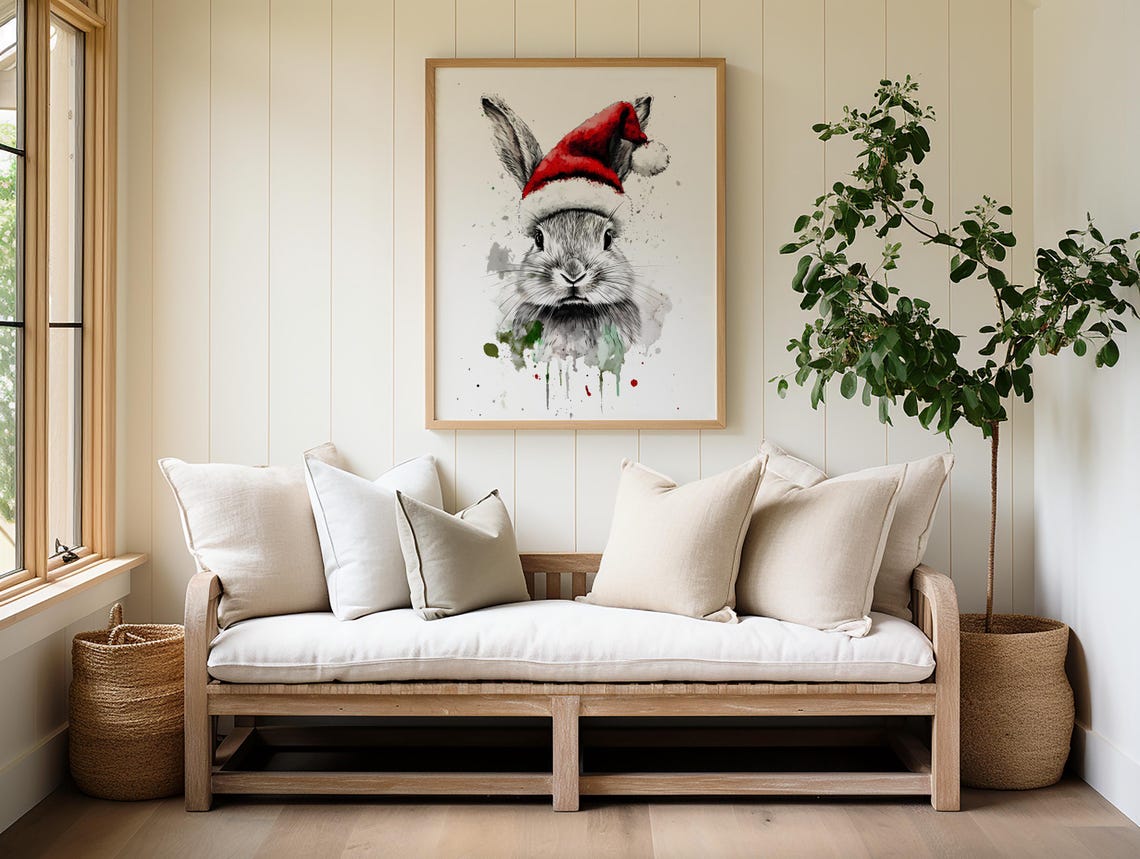 Bunny In Santa Hat Watercolor Cute Rabbit Christmas Holiday Poster - Image 2