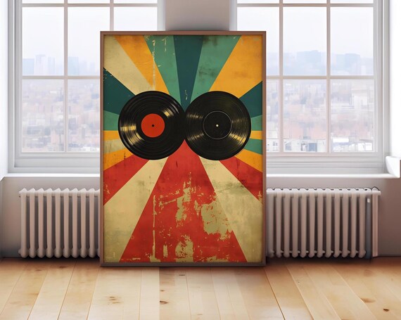 Two Vintage Vinyl Records On A Retro Red And Teal Sunburst Poster