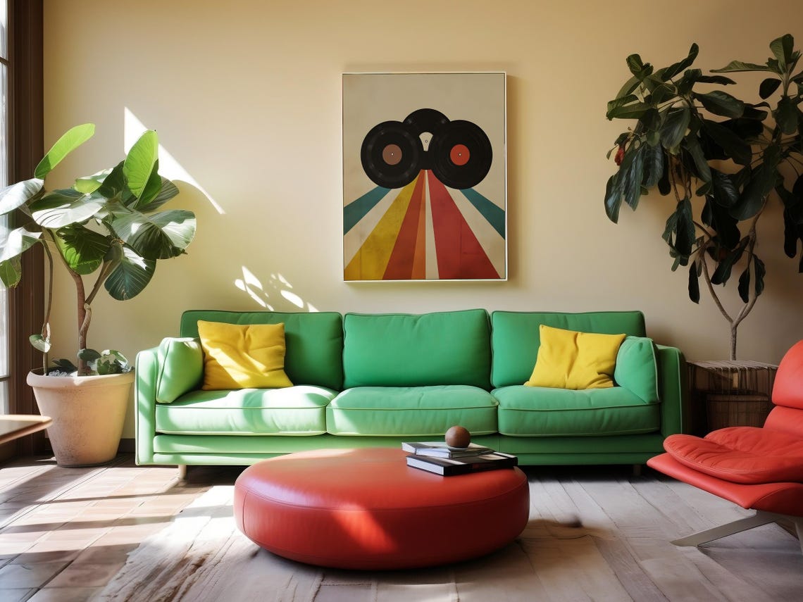Three Retro Vinyl Records On A Cream Vintage Sunburst Art Poster - Image 2