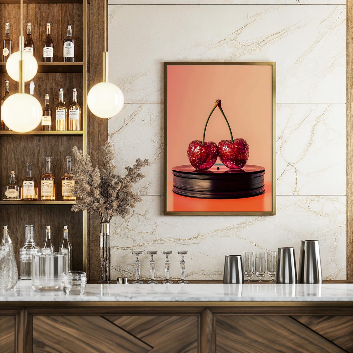Glittering Disco Cherries On Stacked Vinyl Records Orange Glow Poster - Image 2