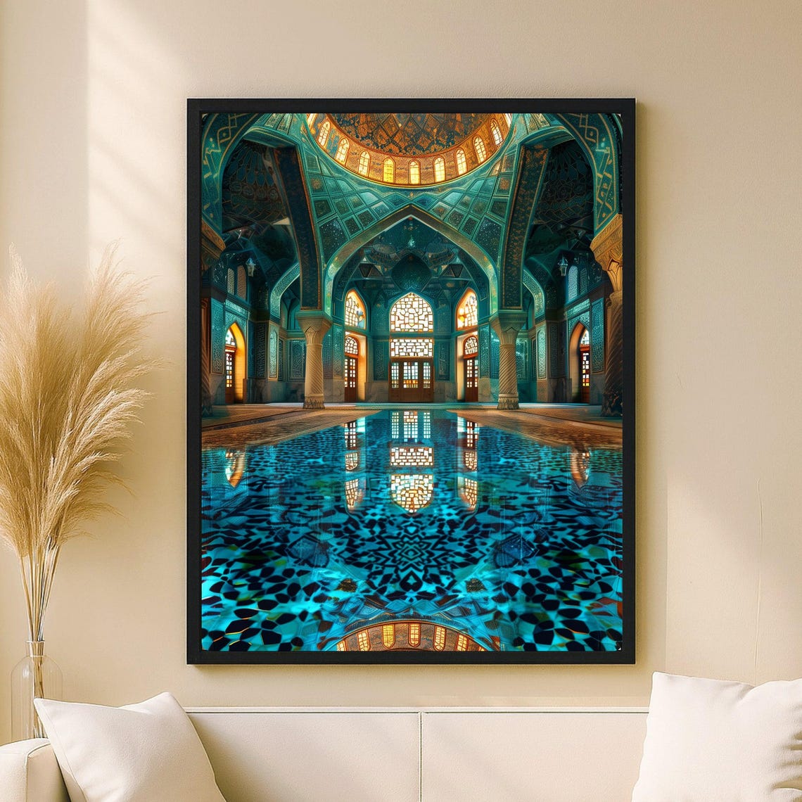 Turquoise Mosque Interior with a Reflecting Pool Islamic Art Poster