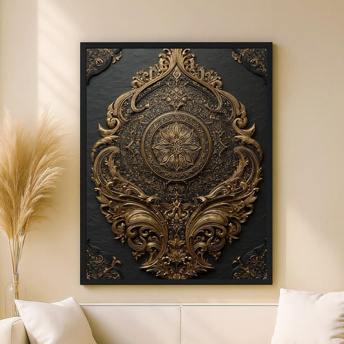 Black and Gold Tezhip Rosette Ornate Islamic Mandala Art Poster