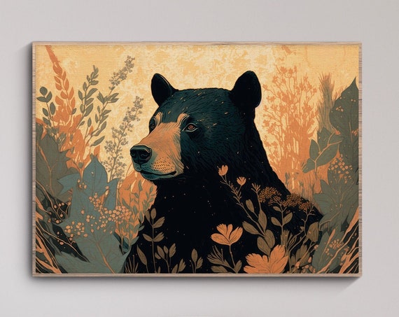 Bear In Flowers Print Wildlife Wall Decor Mountain Animal Decor Rustic Cabin Wall Art Black Bear Floral Poster Art Mountain Cabin Decor