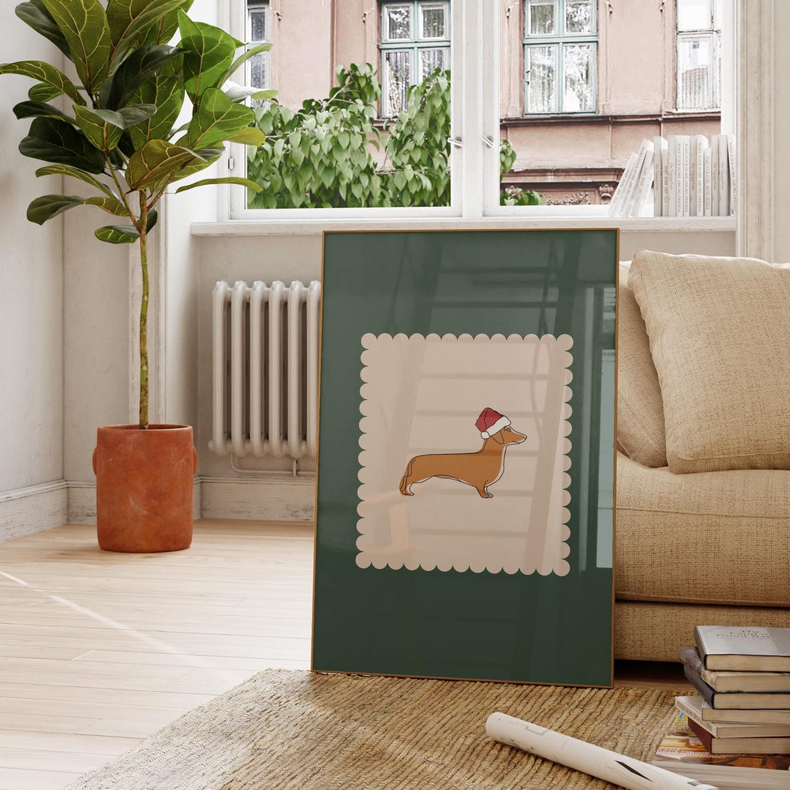 Forest Green Dachshund Santa Hat Christmas Pup Illustration Print