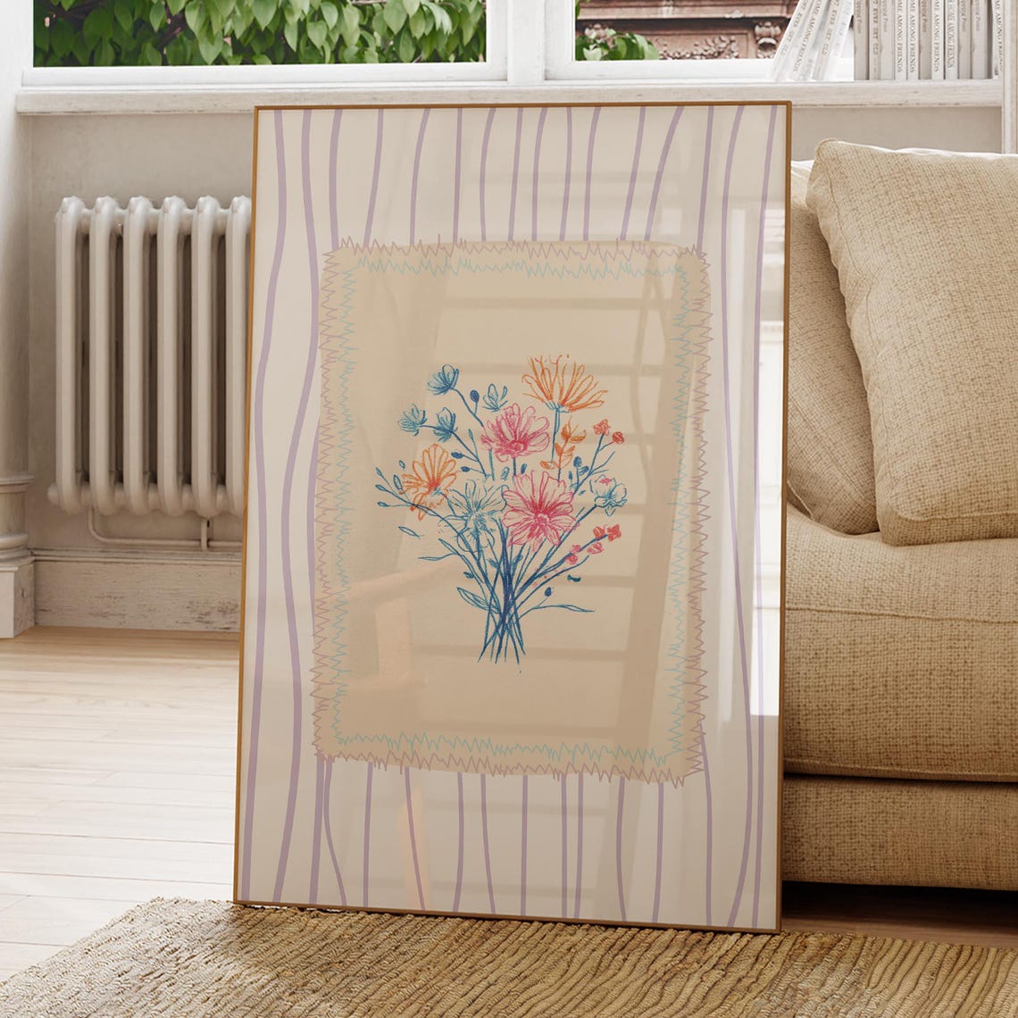 Pastel Garden Bouquet Poster Pink Blue Doodle Wildflower Line Art
