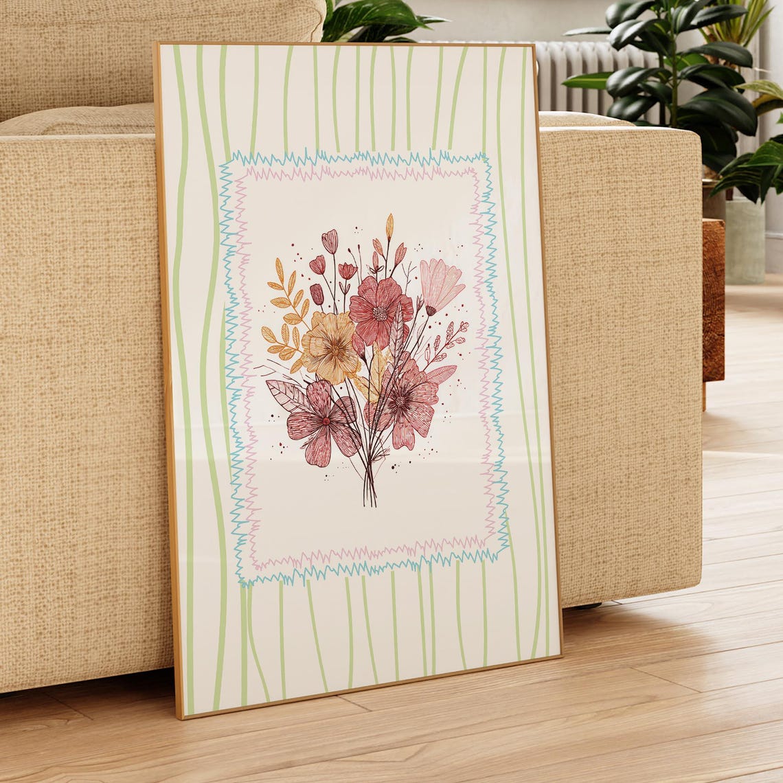Warm Floral Doodle Print Botanical Girl Room Decor