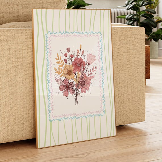 Warm Floral Doodle Print Botanical Girl Room Decor