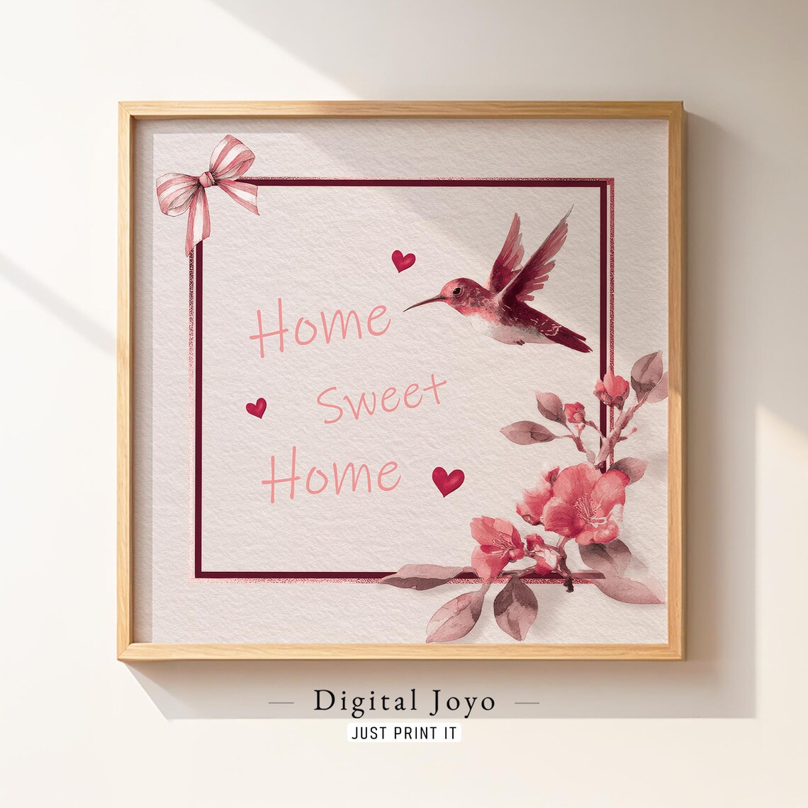 Home Sweet Home Pink Hummingbird Watercolor Floral Quote Poster