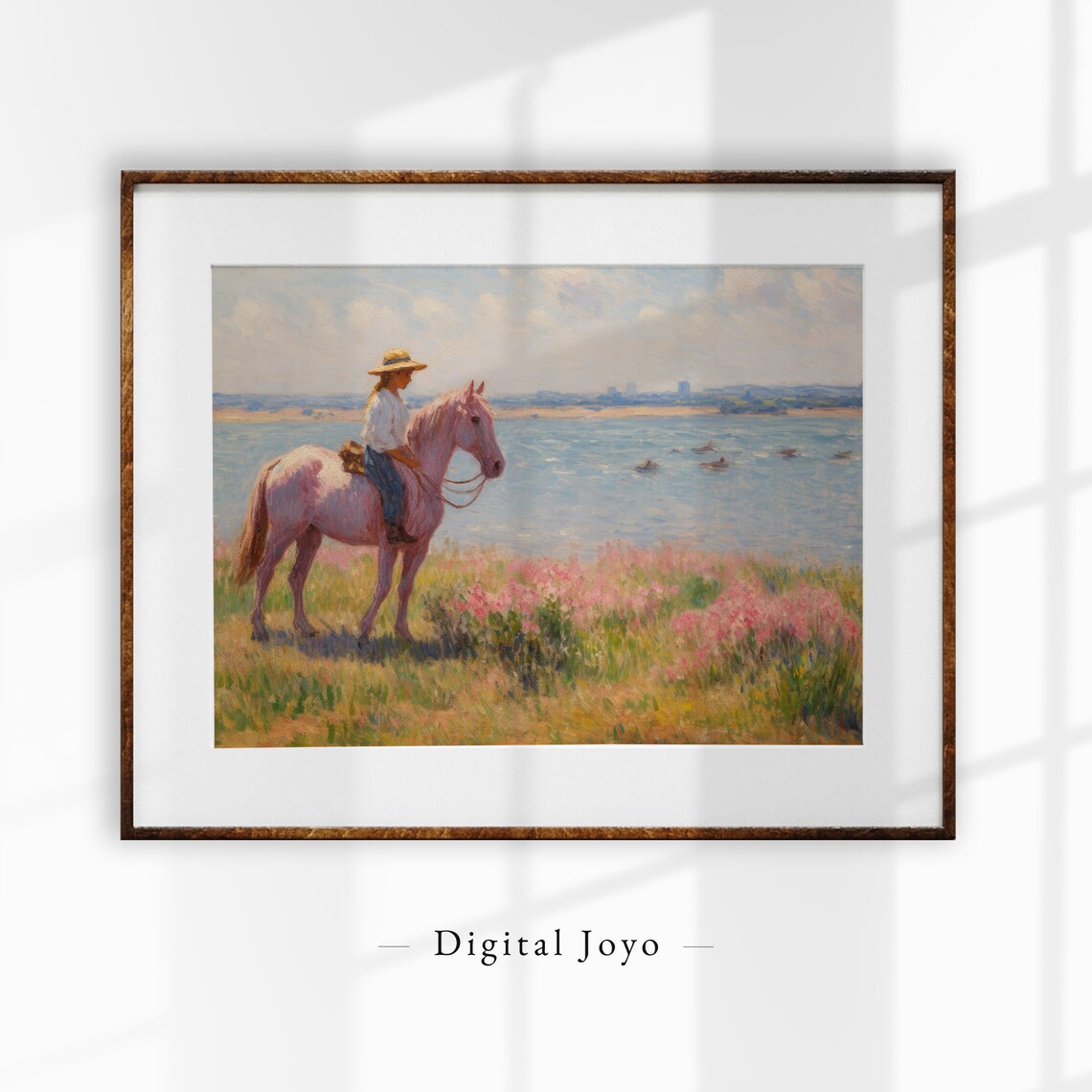 Retro Cowgirl on Horseback Print Pastel Seaside Impressionist Painting