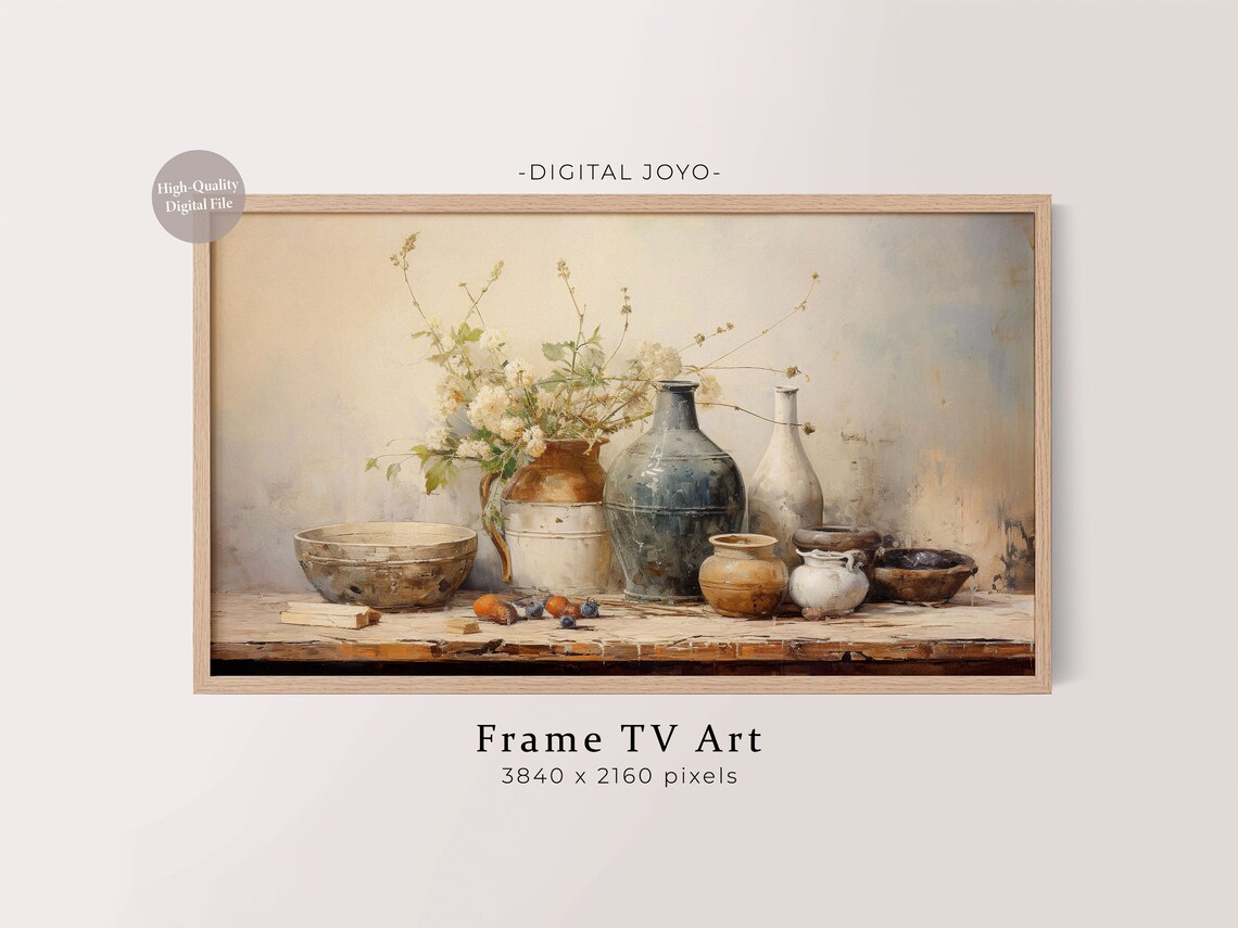 Vintage Pottery Still Life Painting White Wildflowers Frame TV Art Poster