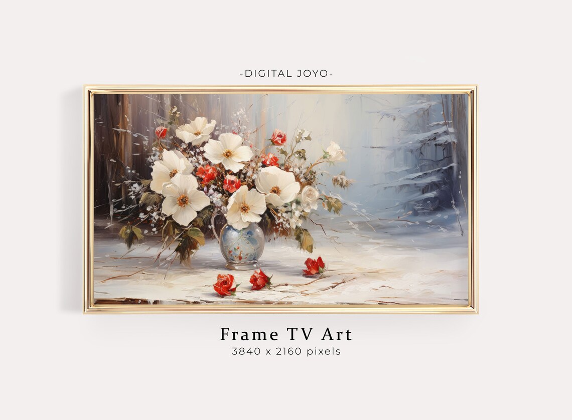Winter Floral Bouquet White Roses Snowy Still Life Painting Poster