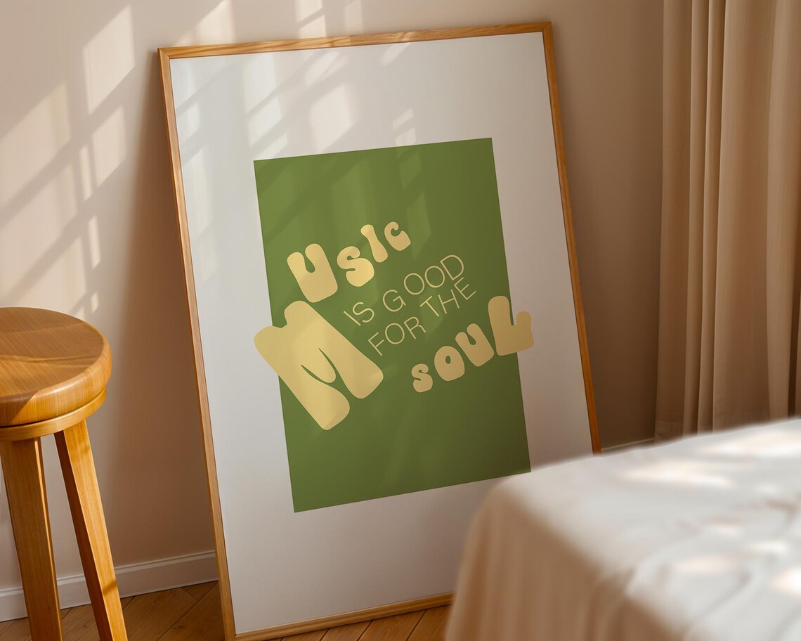 Music Is Good For The Soul Cream On Green Retro Typography Poster