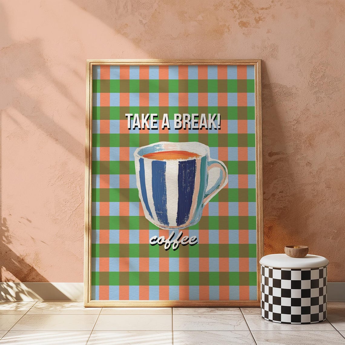 Take A Break Coffee Striped Mug Gingham Retro Kitchen Art Poster