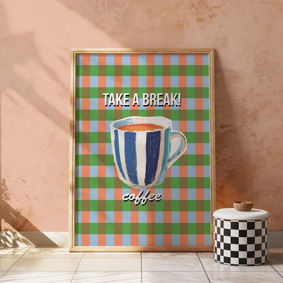 Coffee Art Print Blue Striped Mug Gingham Backdrop