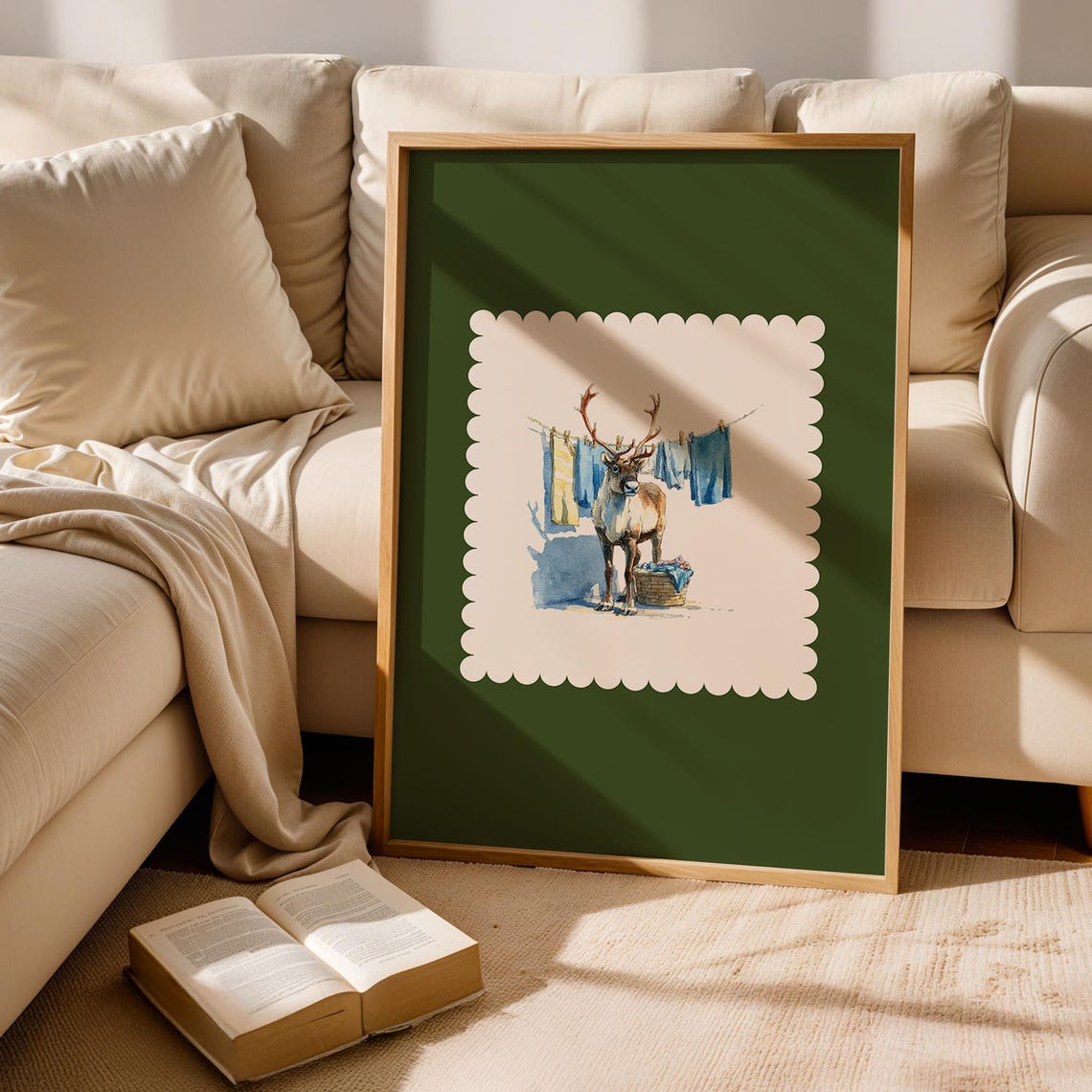 Reindeer Laundry Dark Pine Green Whimsical Watercolor Poster