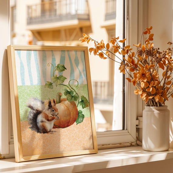 Squirrel Pumpkin Watercolor Scene Wall Art