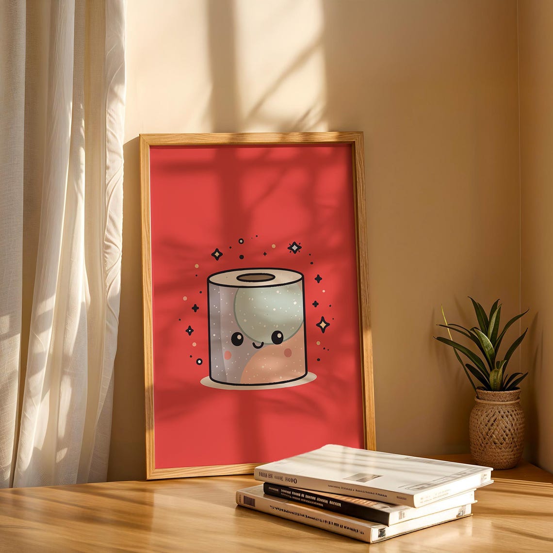Cute Kawaii Toilet Paper Roll Scarlet Red Whimsical Bathroom Poster