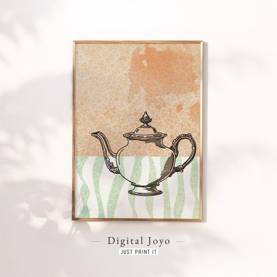 Vintage Orange Mint Striped Background Teapot Line Sketch Art Poster