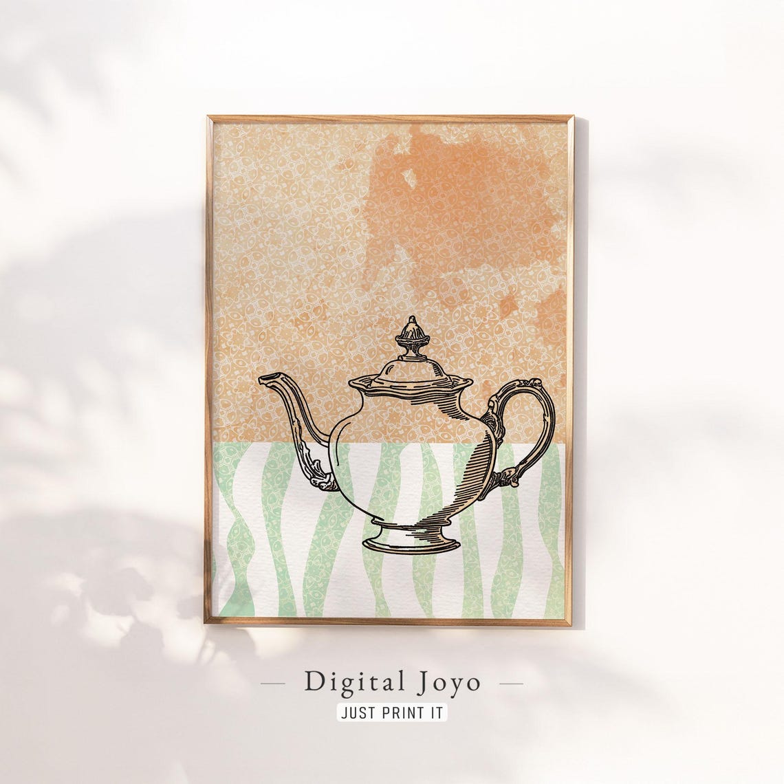 Vintage Orange Mint Striped Background Teapot Line Sketch Art Poster