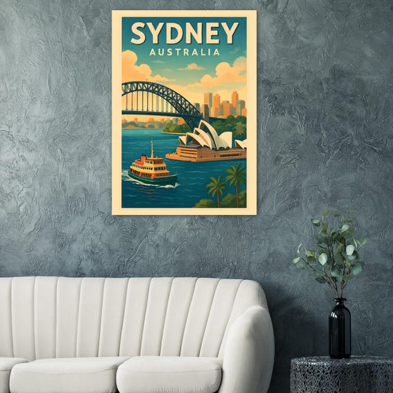 Sydney Australia Travel Poster Vintage Opera House Harbour Bridge Wall Art Print