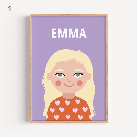 Personalized Portrait Girl Blonde Hair Illustration Wall Art Poster For Kids Nursery Playroom Birthday Gift