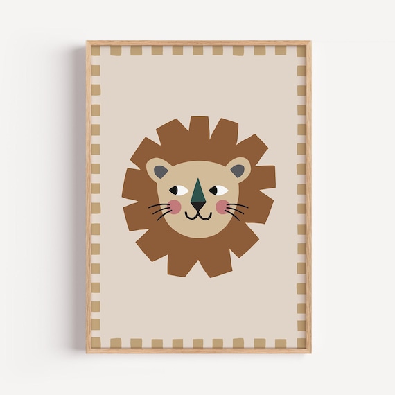 Friendly Lion Face Flat Illustration Modern Nursery Art Poster