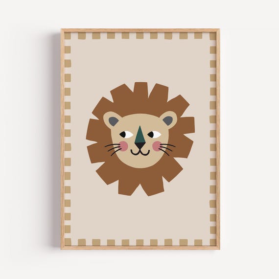 Kids Room Poster Lion Safari Jungle Animal Wall Art Boho Print For Nursery Playroom Beige