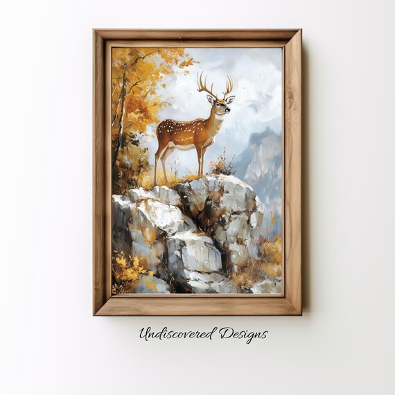 Art Printout Vintage Deer On Cliff Wall Oil Painting Summer Decor Nature Print For Home Dcoration