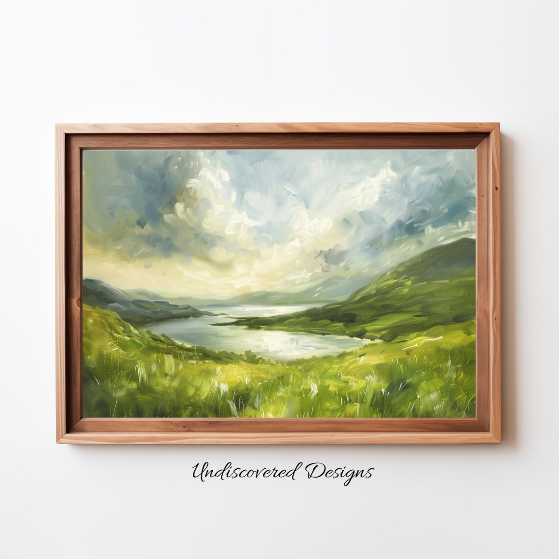 Emerald Green Irish Lake Between Hills Moody Oil Painting Art Poster