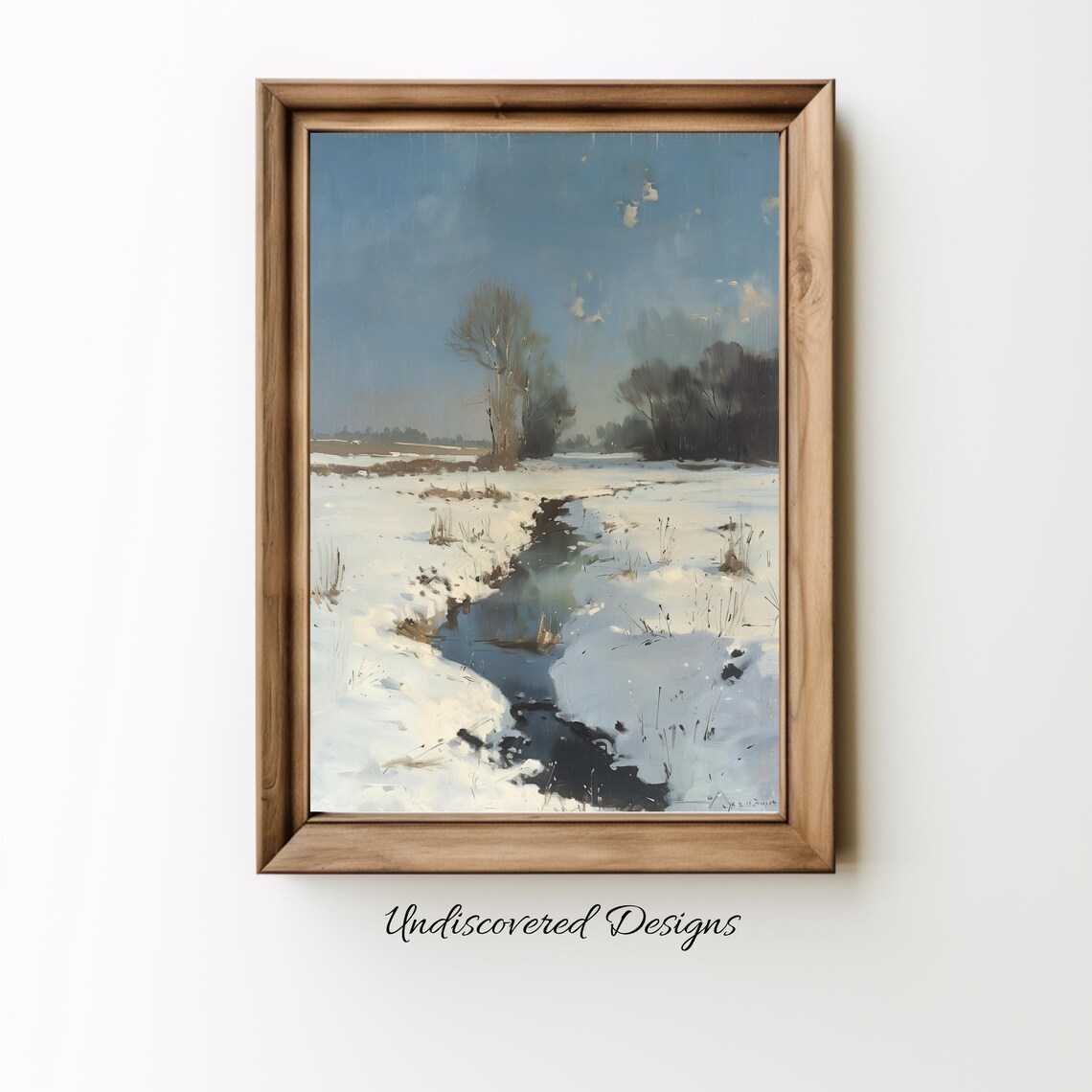 Winter Field Snow Stream Vintage Farmhouse Landscape Oil Print
