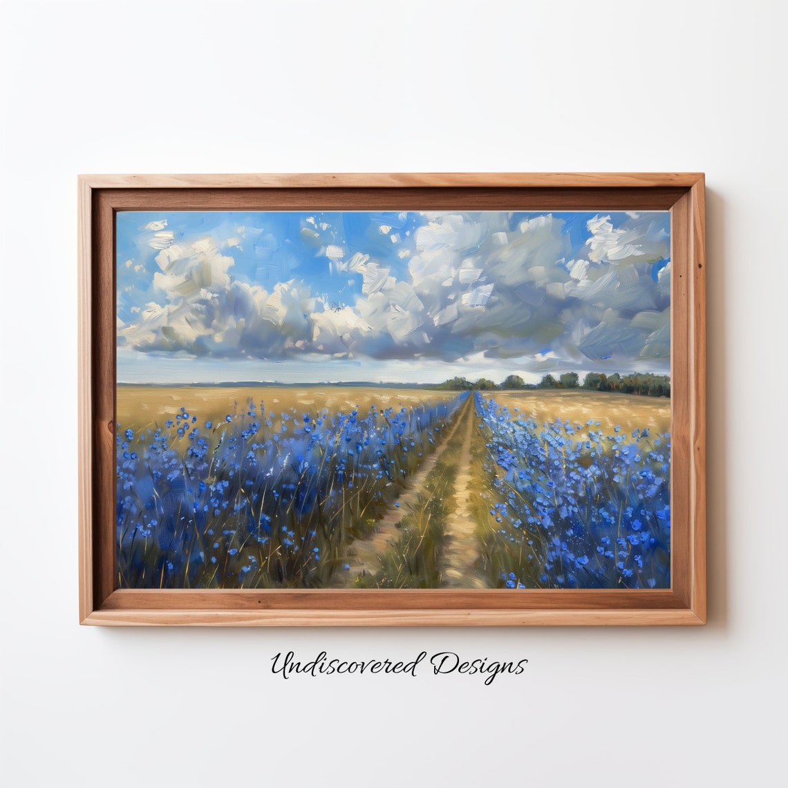Blue Wildflower Field Vintage Oil Painting Meadow Sky Wall Art
