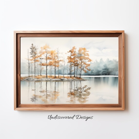 Autumn Island Trees Watercolor Lake Reflection Landscape Poster