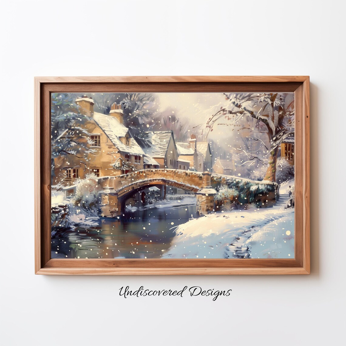 English Winter Village Stone Bridge Snowfall Vintage Landscape Print