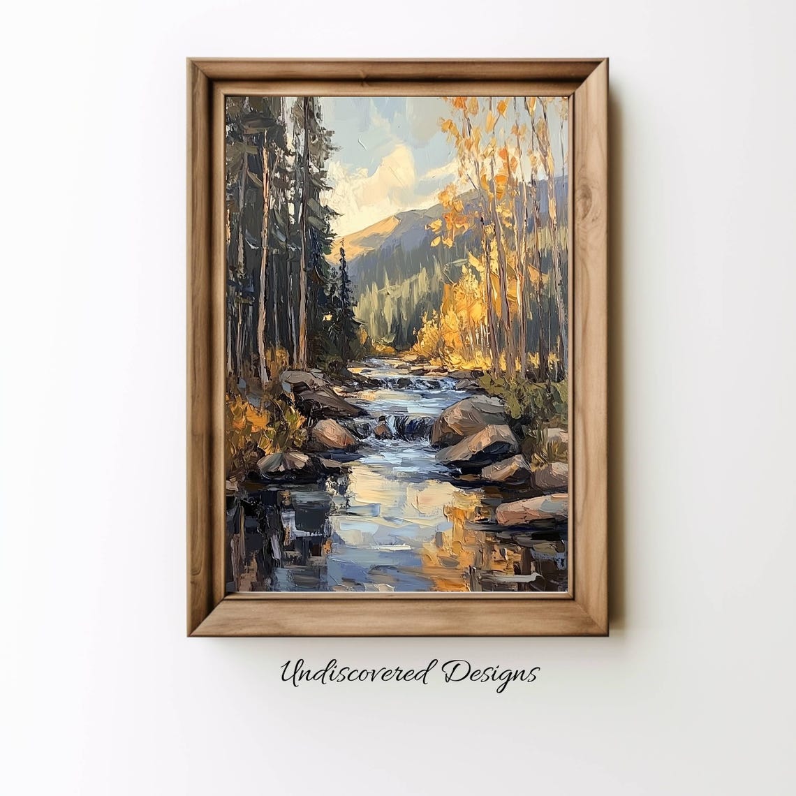 Vintage Mountain Stream Art Print Forest Landscape