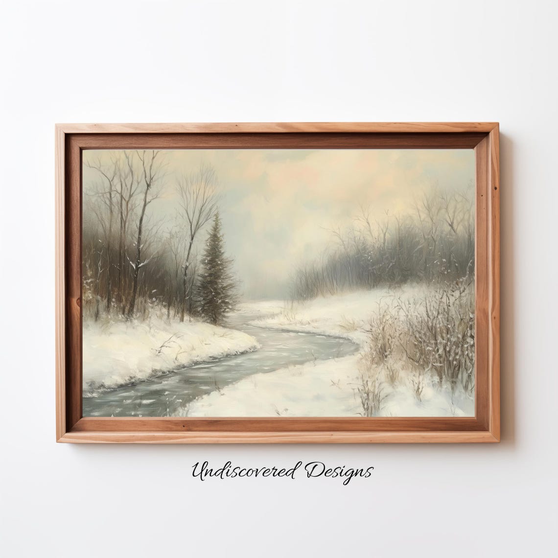 Snow Covered River Winding Through Winter Woods Painting Poster
