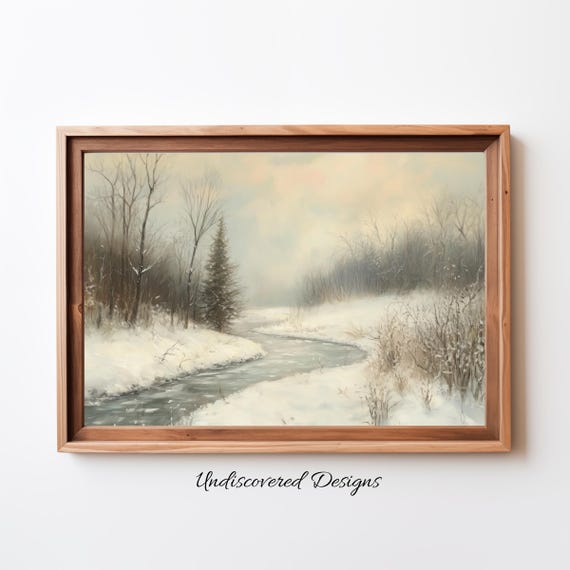Snow Covered River Wall Art Vintage Print Winter Farmhouse Decor Printout