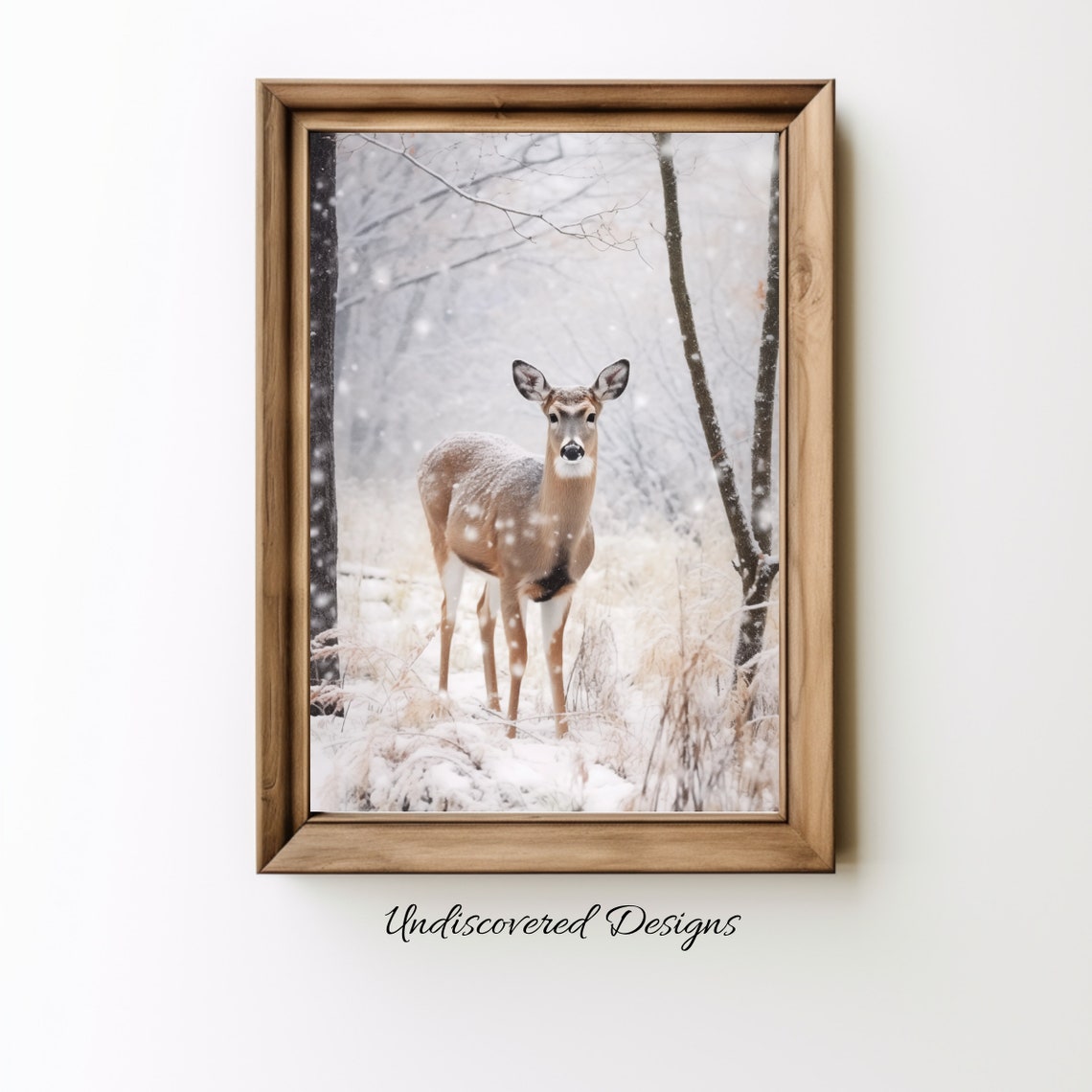 Doe Standing In Falling Snow Winter Forest Wildlife Painting Poster