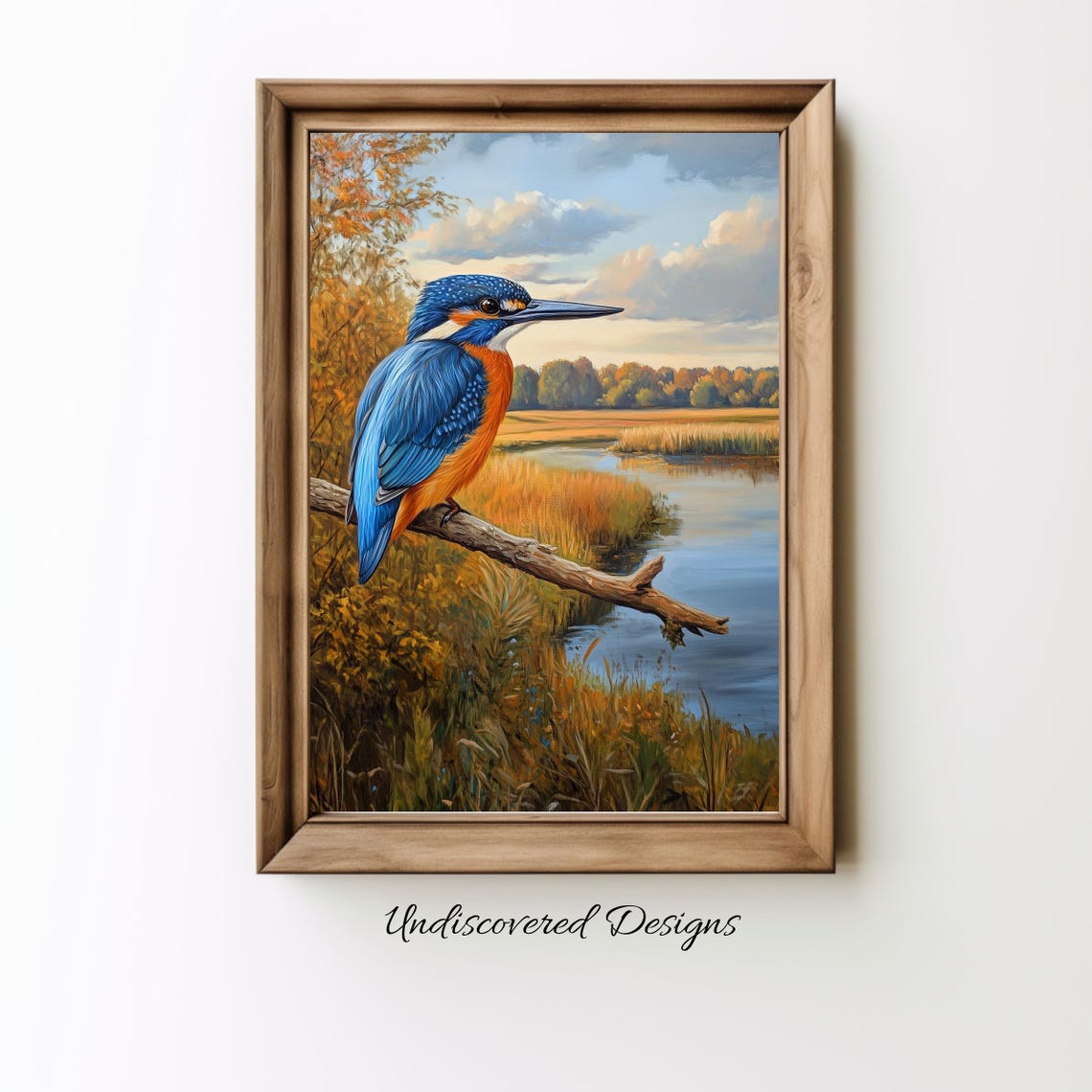 Kingfisher on Branch Autumn River Vintage Wildlife Oil Art Poster