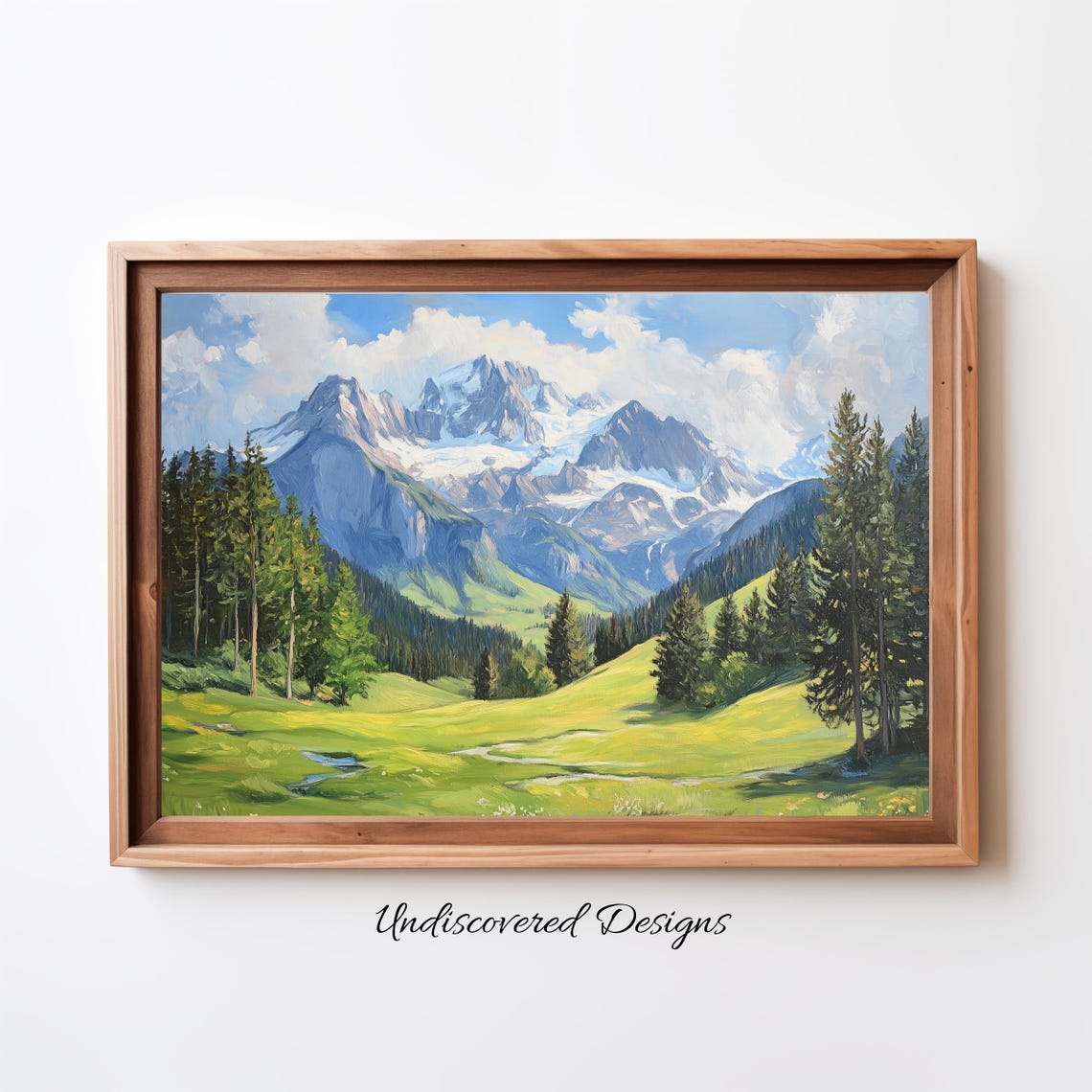 Snowcapped Alpine Peaks Spring Meadow Landscape Oil Painting Poster