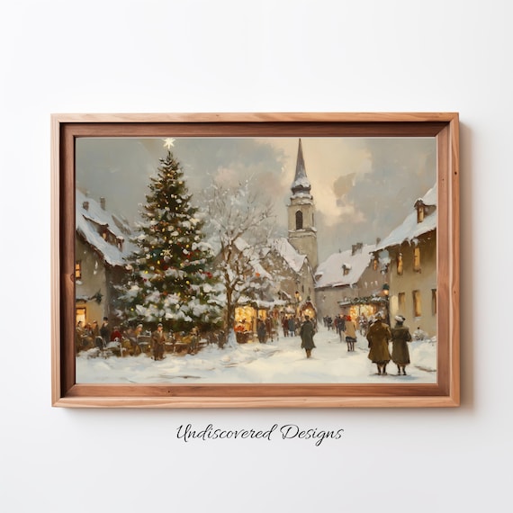 Christmas Market Evening Star Topped Tree Church Spire Vintage Art Poster