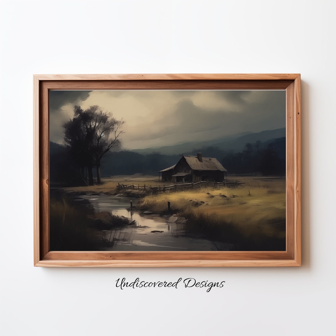 Abandoned Wooden Barn By Creek Under Stormy Sky Moody Wall Art