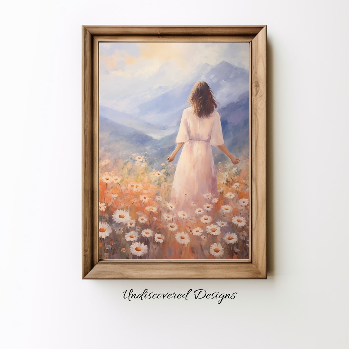 Woman In White Dress Walking Through Daisy Field Mountains Wall Art