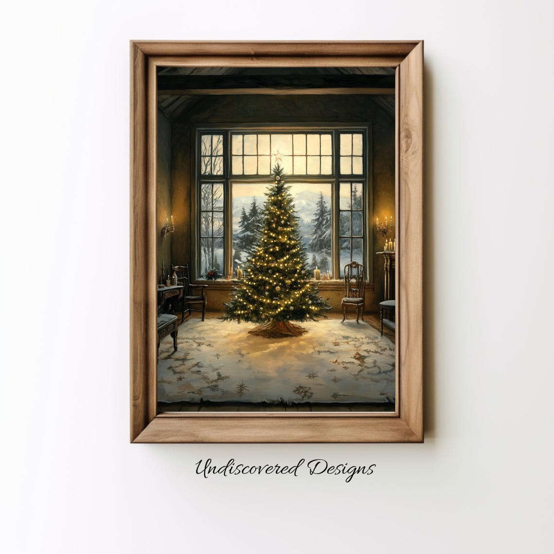 Christmas Tree In A Historic Room With Tall Snowy Windows Poster