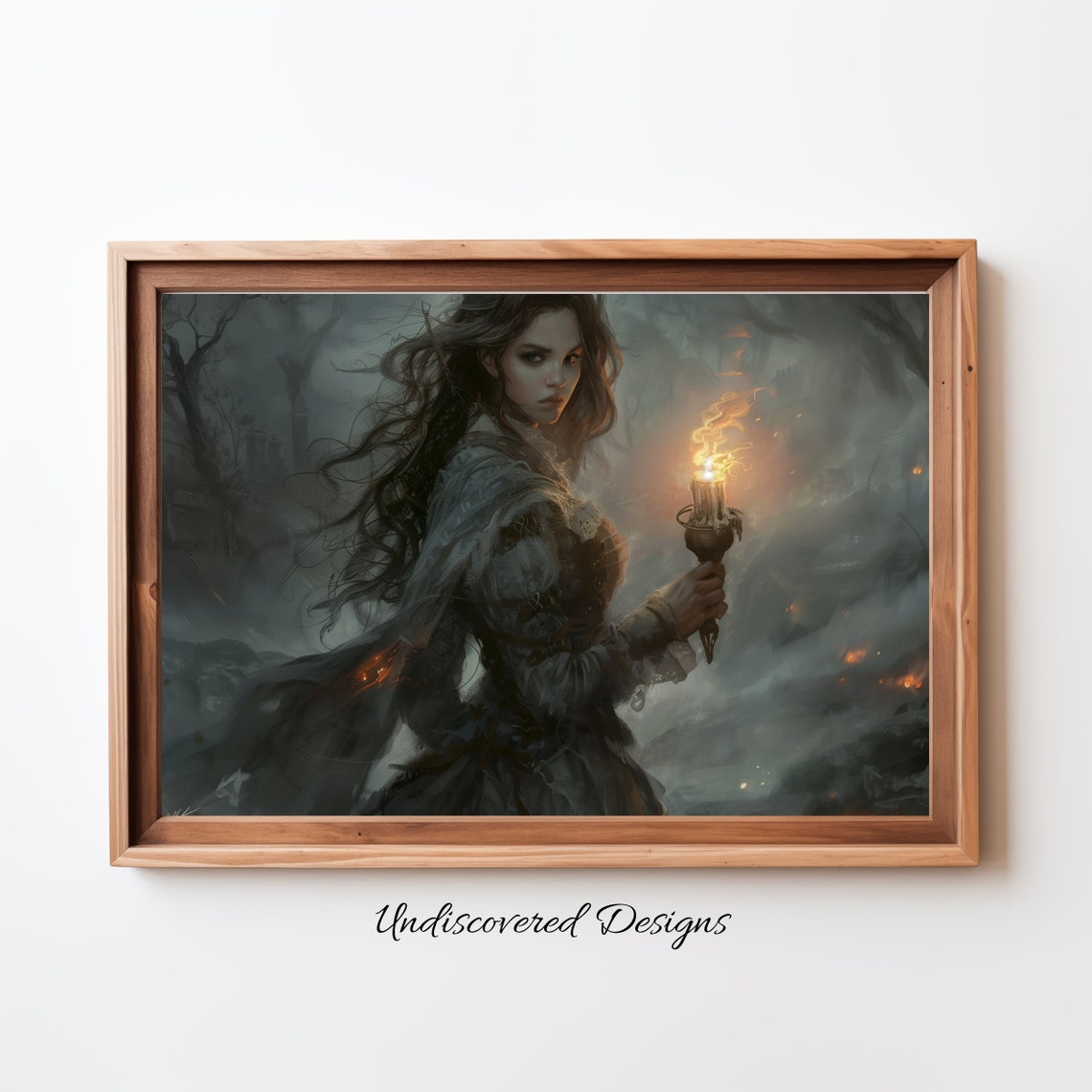 Dark Haired Woman Holding A Candle In Night Mist Gothic Art Poster