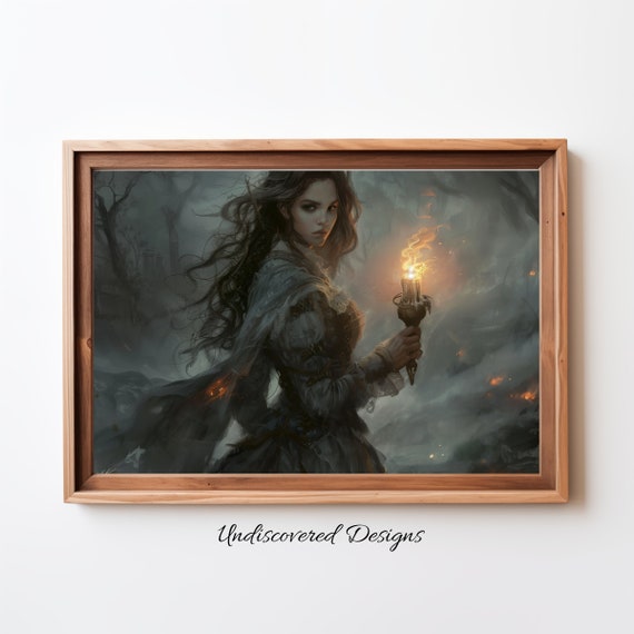 Woman With Candle At Night Spooky Halloween Art Decor Wall Vintage Prints Oil Painting
