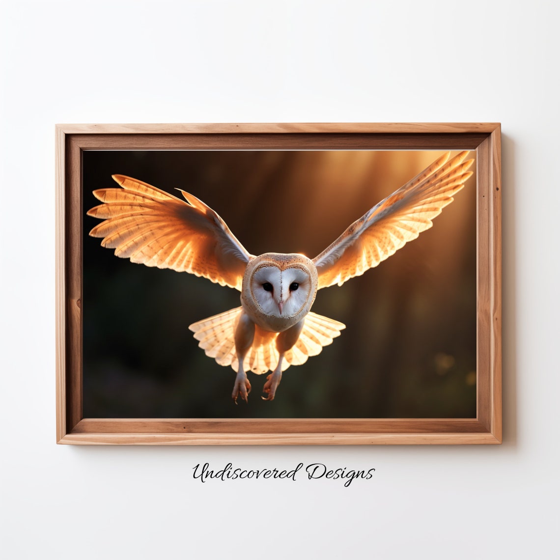 Golden Backlit Barn Owl in Flight Wildlife Photography Poster