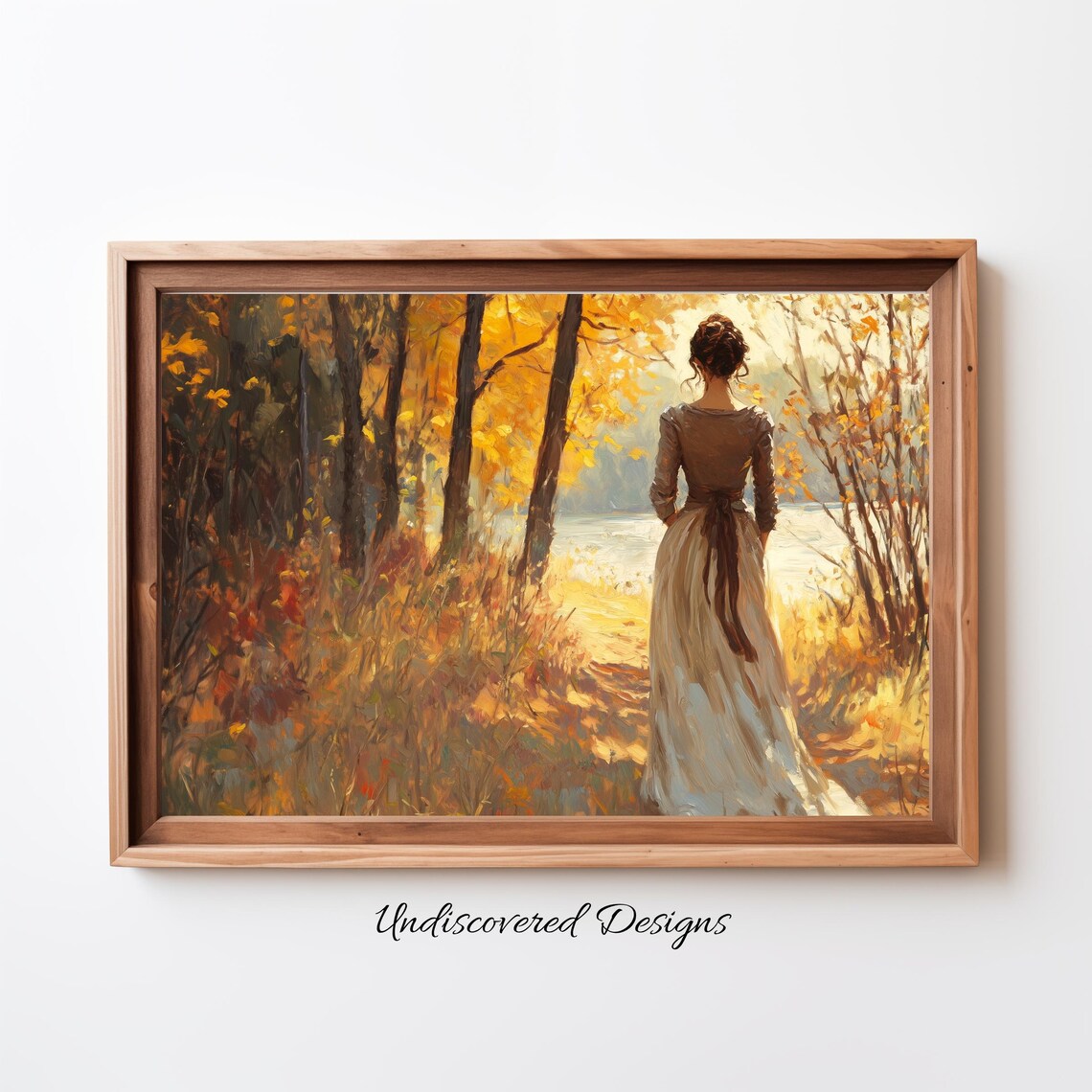Woman Walking Autumn Stream Golden Vintage Oil Painting Poster