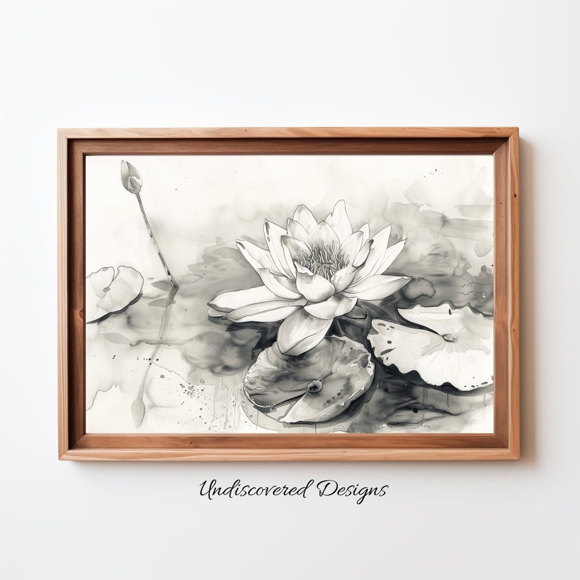 Monochrome Waterlily Bloom Ink Sketch Elegant Botanical Wall Poster