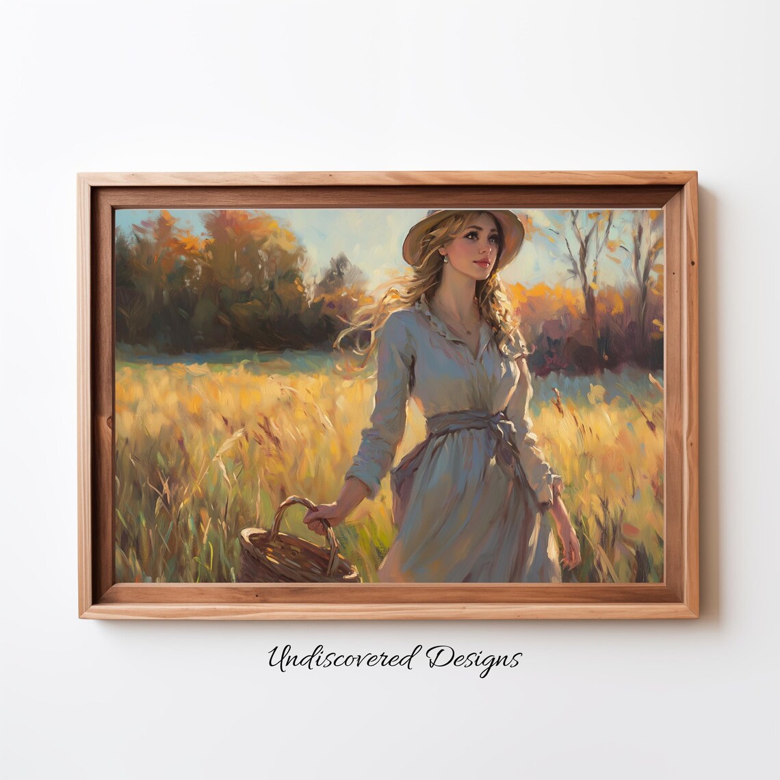 Woman With Hat in Golden Wheat Field Vintage Harvest Art Poster