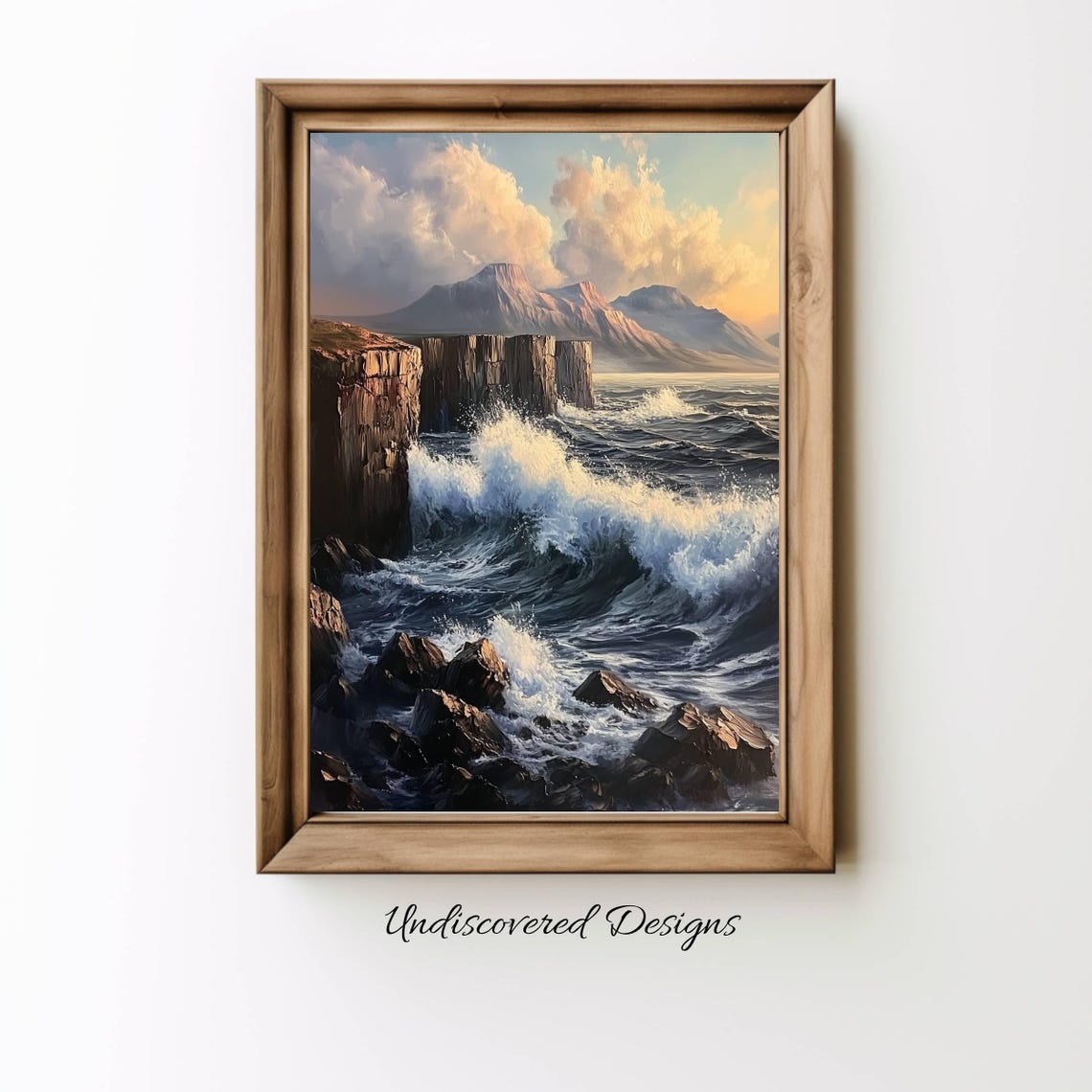 Rugged Rocky Coastline Waves Sunset Vintage Oil Painting Print